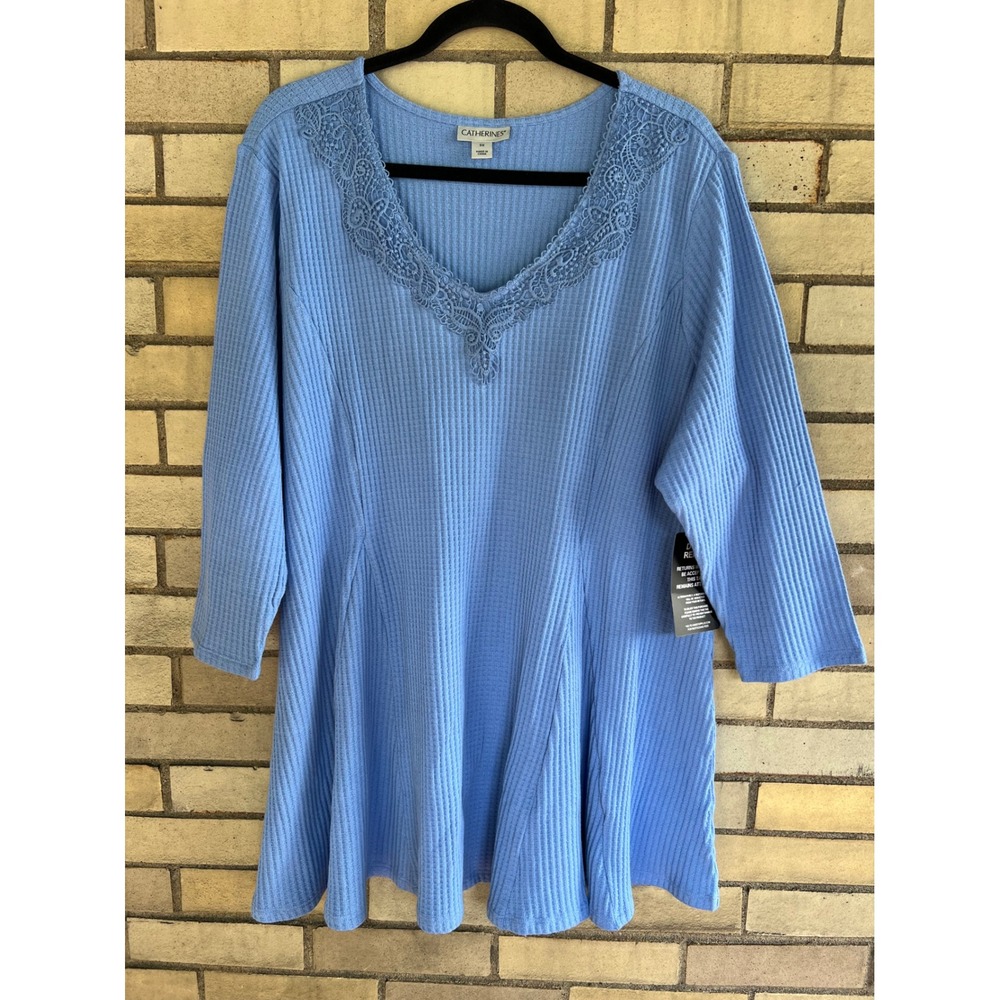 Catherines Blue Lace V-Neck Thermal Knit 3/4 Sleeve Peplum Top Plus Size 3X NWT